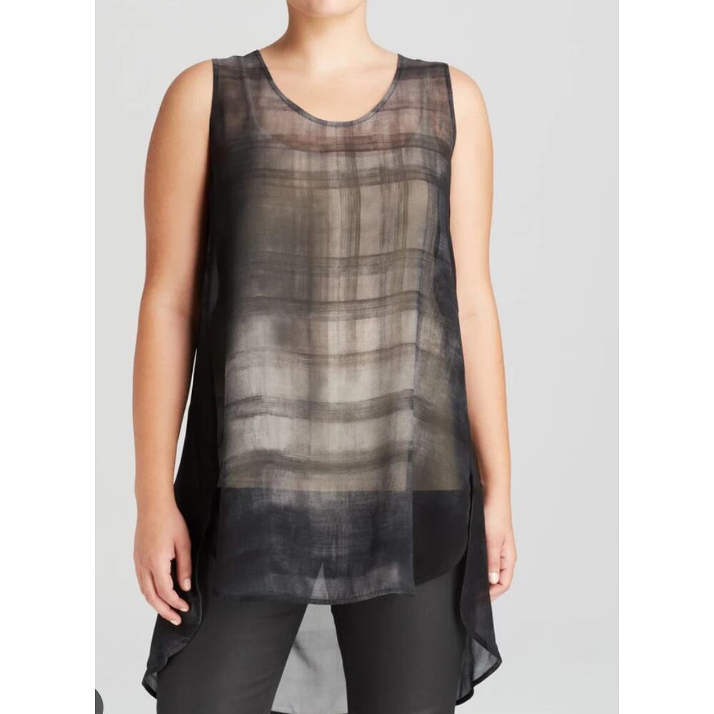 Eileen Fisher Sz Small Gray Sheer Silk Curved Hem Sleeveless Crew Neck Hi-Lo Top